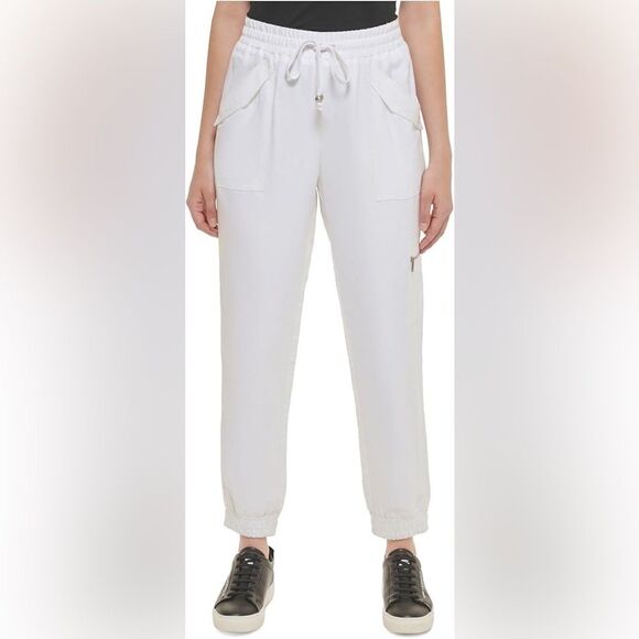 Karl Lagerfeld White Linen Cargo Jogger Pants Size Medium Pull On Relaxed Fit - Picture 3 of 9